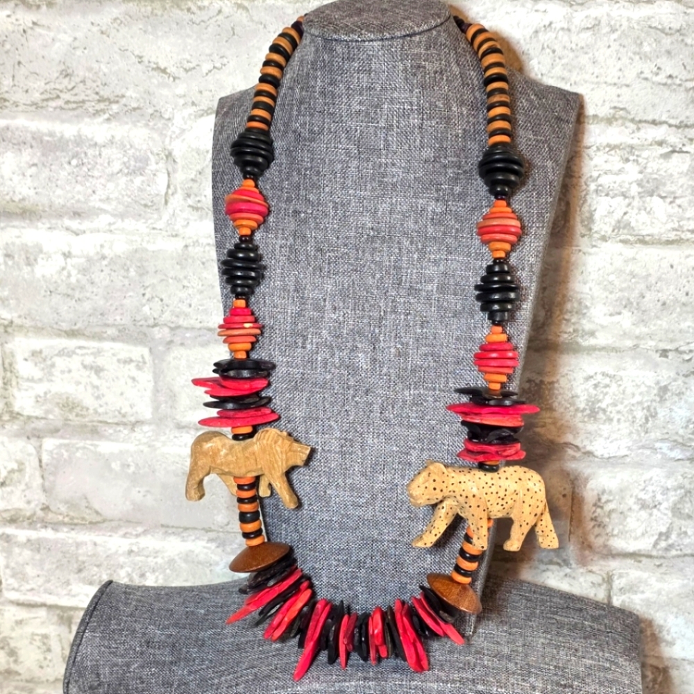 Handmade African Wood Necklace with Lion & Cheetah Carvings